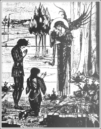 drawing of two people achieving the Sangreal